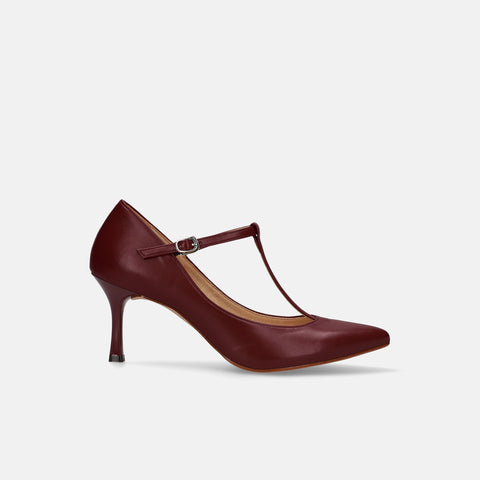 予約：2026AW：Tストラップ パンプス 7cmヒール（m72003）ワイン